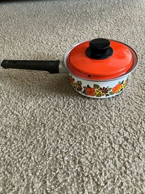 Vintage Floral Enamel Saucepan with Orange Lid